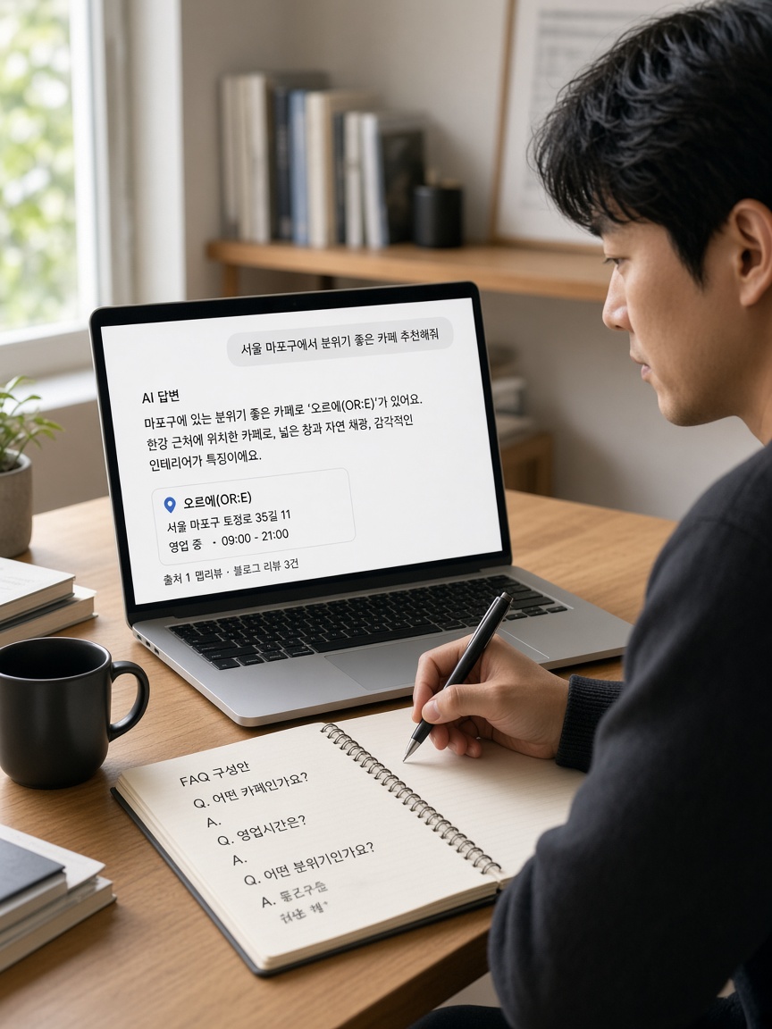 AI 검색 답변을 보고 지역 카페 FAQ 콘텐츠를 작성하는 모습